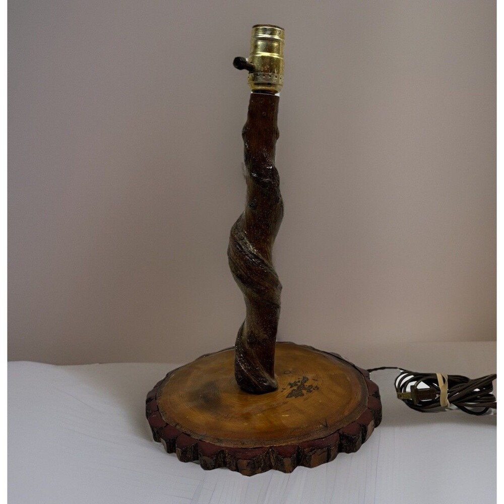 Vintage Rustic Log Table Lamp Wood Slice Base Cabin Lodge Folk Art Decor Unique